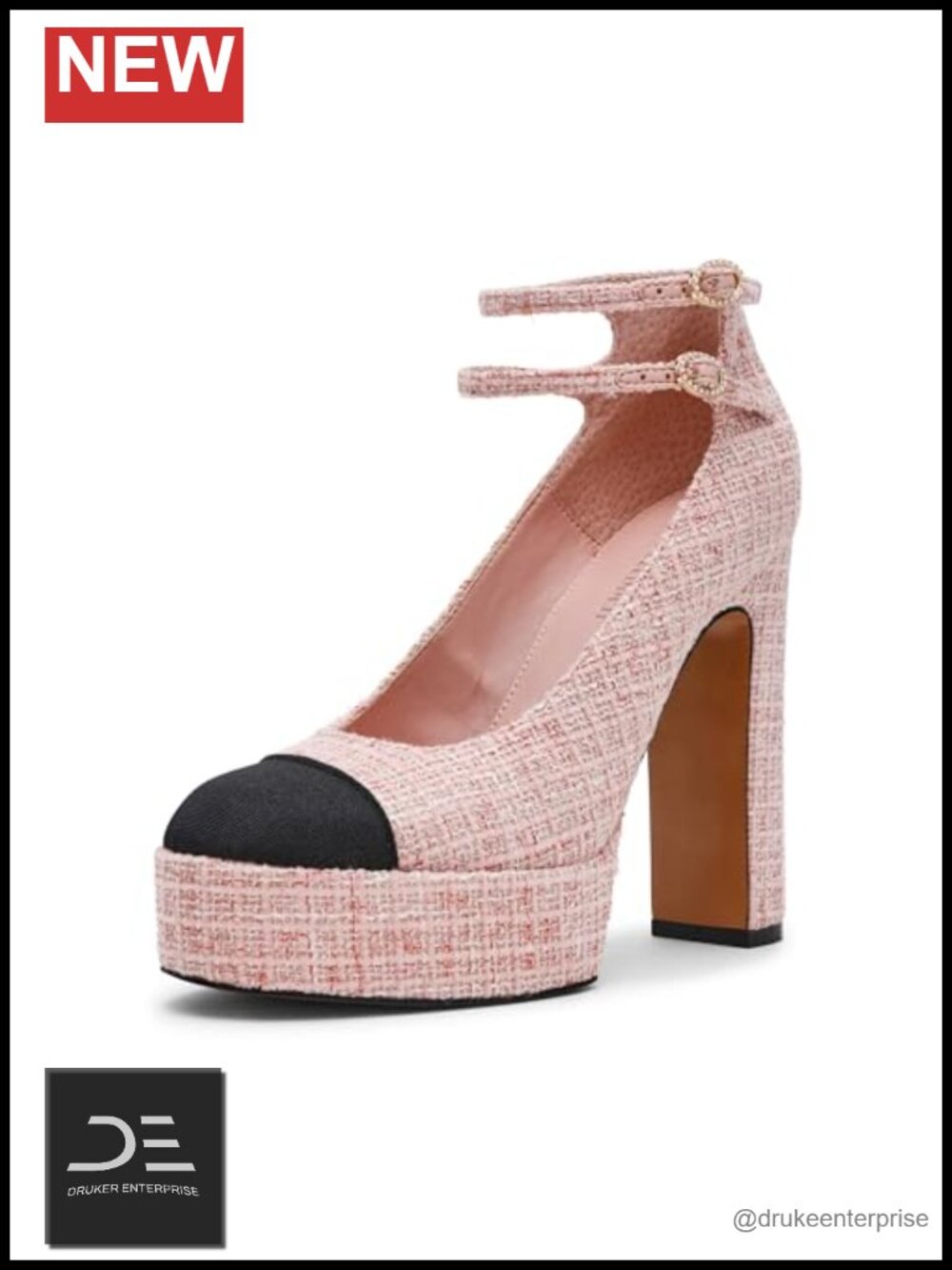 Women's Round Toe Ankle Strap Block Heel Pumps 5 Inch Formal Evening Shoes